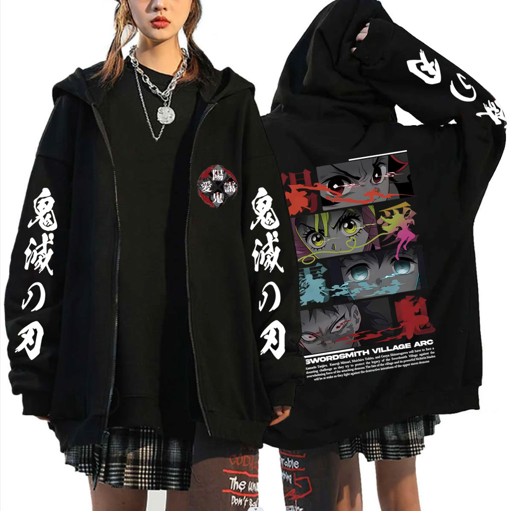 Women'S Fashion Zip Hoodie - เสื้อฮู้ดซิปพิมพ์ลายกราฟิกตาตัวละครอนิเมะ ดาบพิฆาตอสูร คามาโดะ ทันจิโร่ คันโรจิ มิตสึริ