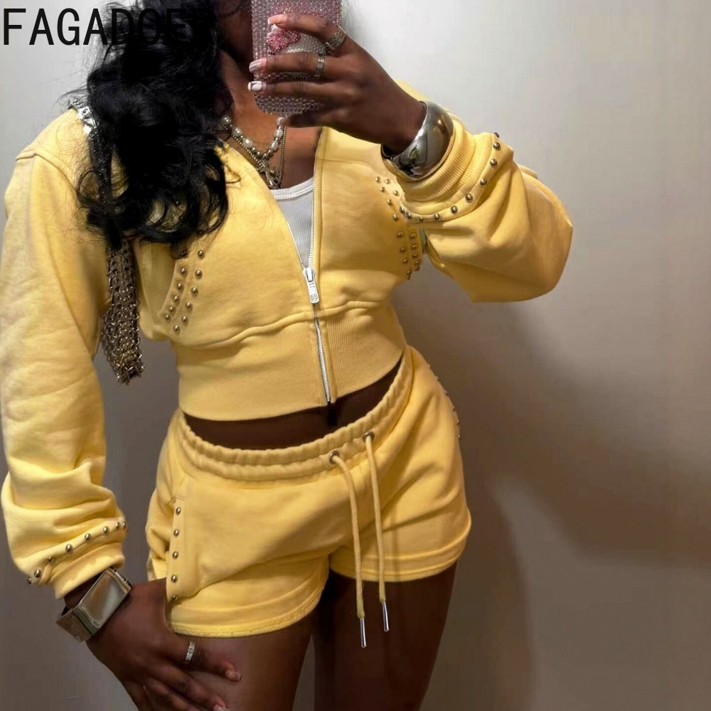 Women'S Fashion Zip Hoodie - ชุดลำลองสำหรับกีฬาประจำวัน FAGADOER 2 ชิ้น ตกแต่งหมุดโลหะ แขนยาว