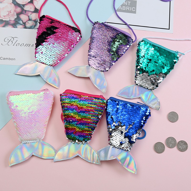 Coin Purse Women - กระเป๋าใส่เหรียญประดับเลื่อมพร้อมสายคล้อง, กระเป๋าใส่เหรียญ, กระเป๋าสะพายข้างขนาดเล็กสำหรับเด็ก, กระเป๋าใส่เหรียญประดับเลื่อมสองสีทรงหางปลาสำหรับผู้หญิง