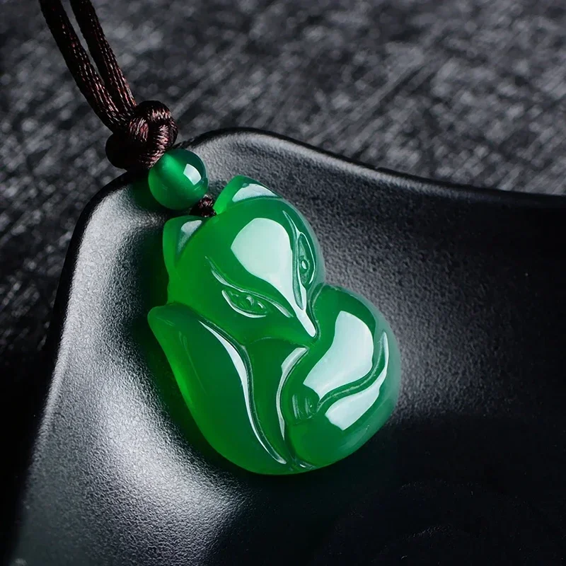 Women And Men Fashion - หยก Fox สร้อยคอจี้ธรรมชาติสีเขียว Chalcedony สีขาวจีนแฟชั่น Charm