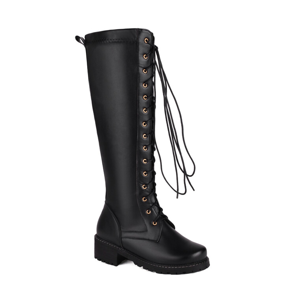 Women'S Fashion Riding Boots - รองเท้าบูทหนังผู้หญิง ไซส์ 33-50 ส้นบล็อก ร้อยเชือกด้านหน้า ซิปด้านใน