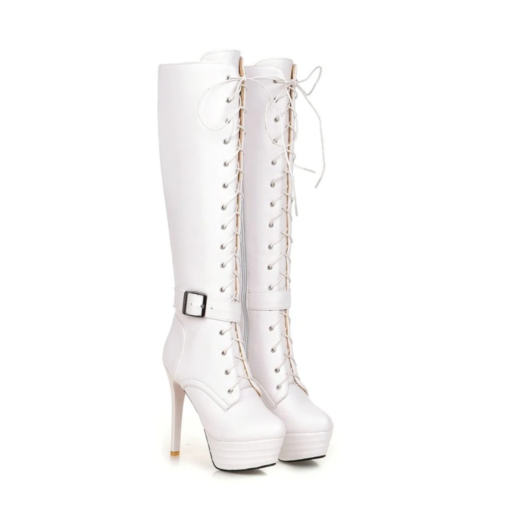 Women'S Fashion Riding Boots - รองเท้าบูทสูงถึงเข่า ผู้หญิง แฟชั่น ผูกเชือก ซิป รองเท้าบูทส้นสูงแบบแพลตฟอร์มสำหรับฤดูหนาว