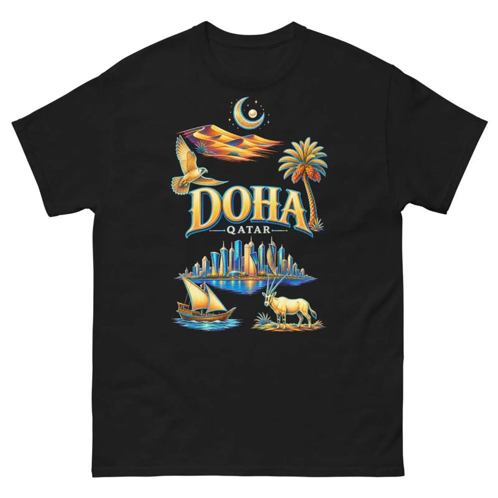 Women Fashion Qatar - เสื้อยืดโดฮา กาตาร์ ของที่ระลึก ของขวัญสำหรับผู้ชายและผู้หญิง ลายกราฟิกวินเทจฟอกสี แฟชั่นสตรีทแวร์ยูนิเซ็กส์