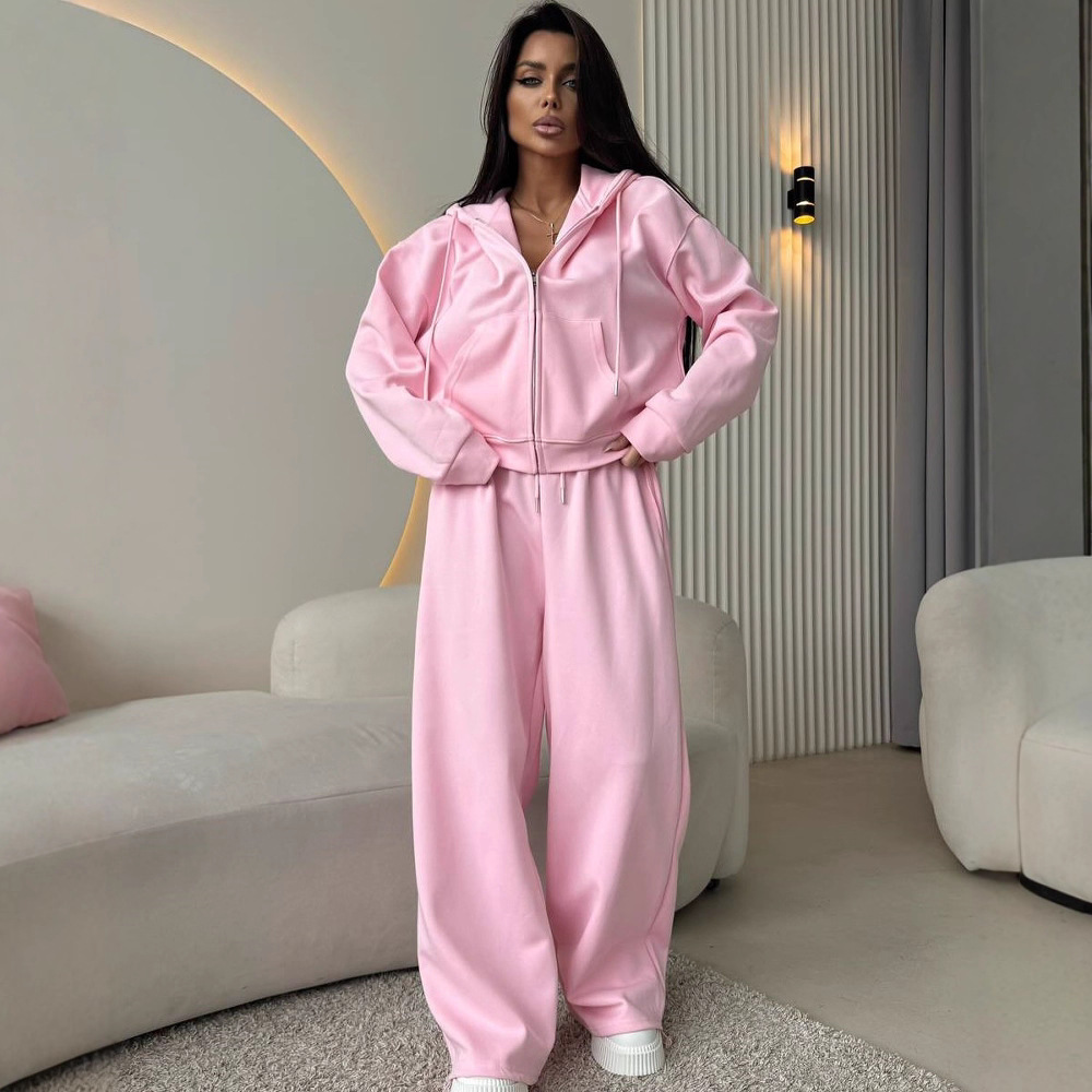 Women'S Fashion Zip Hoodie - ชุดลำลองผู้หญิง 2 ชิ้น เสื้อฮู้ดมีซิปและกางเกงขายาวทรงกว้าง ชุดสเวตเตอร์ลำลองขนาดใหญ่สำหรับใส่ในชีวิตประจำวัน